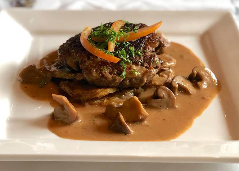 Grilled Beef Onglet Patty with Lyonnaise Potatos and Mushroom Jus from Brasserie Sagana